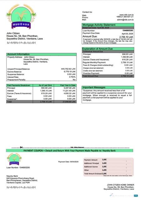 Download Laos Nayoby Bank mortgage statement Word and PDF template Photoshop template